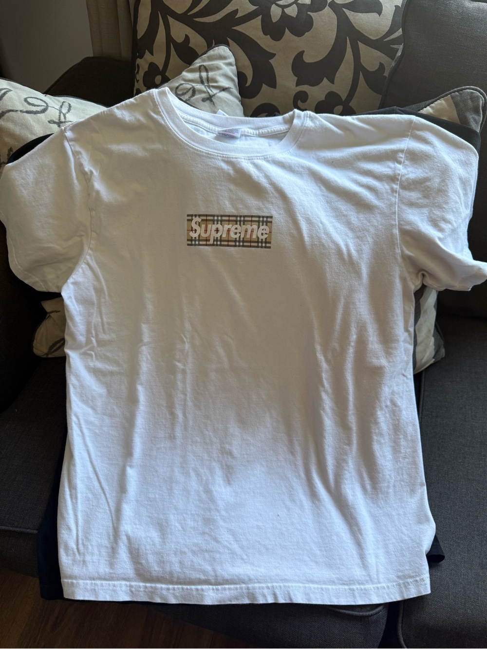 Burberry White Kids Short Sleeve Tee with Plaid Logo